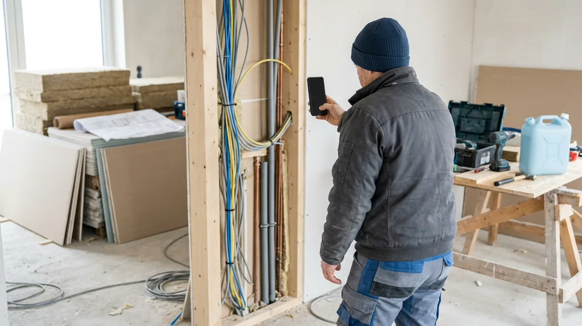 Handwerker fotografiert auf der Baustelle mit dem Smartphone eine offene Wand für einen Nachtrag