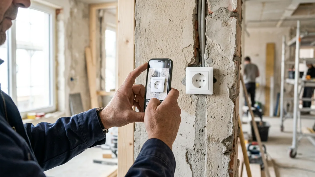Handwerker fotografiert mit dem Smartphone eine Wand auf der Baustelle zur Dokumentation eines Nachtrags