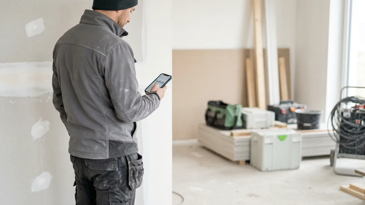 Handwerker mit Smartphone vor einer Trockenbauwand auf der Baustelle